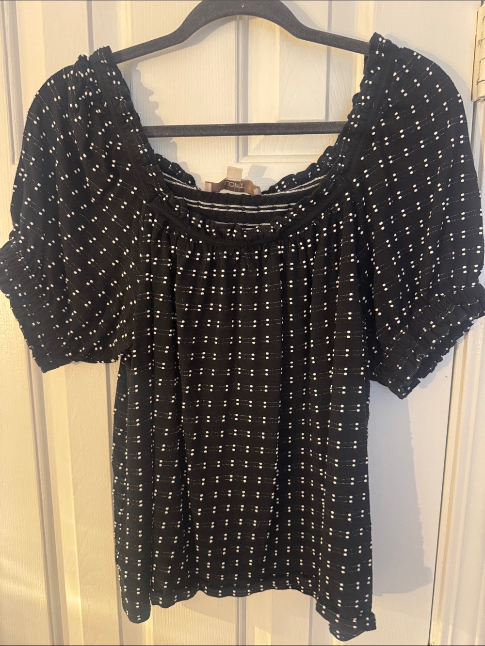 LOFT Black Off-Shoulder Blouse with White Dot Grid